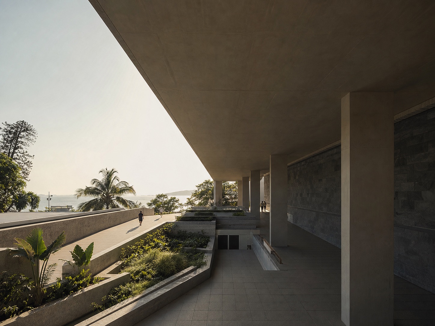 Arquitetura pública contemporânea aberta para uma paisagem tropical iluminada