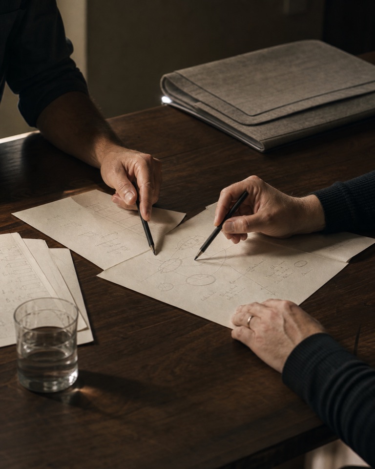 Mãos examinam documentos e fazem anotações sobre uma mesa de madeira