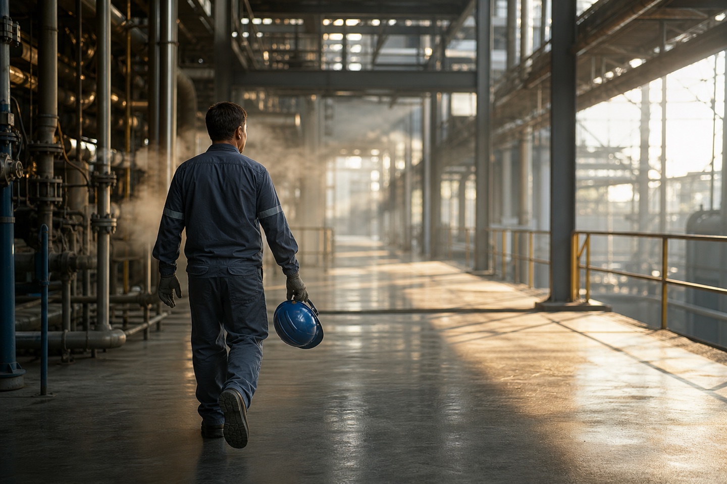 Trabalhador em corredor industrial luminoso com equipamento de proteção discreto