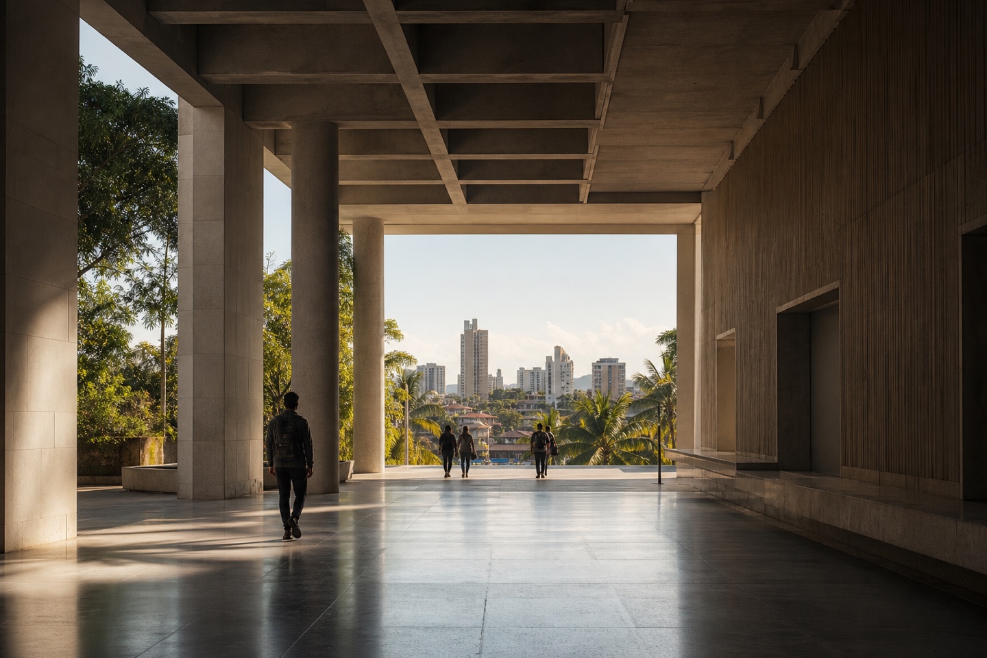 Pórtico de campus público contemporâneo aberto para a cidade ao amanhecer