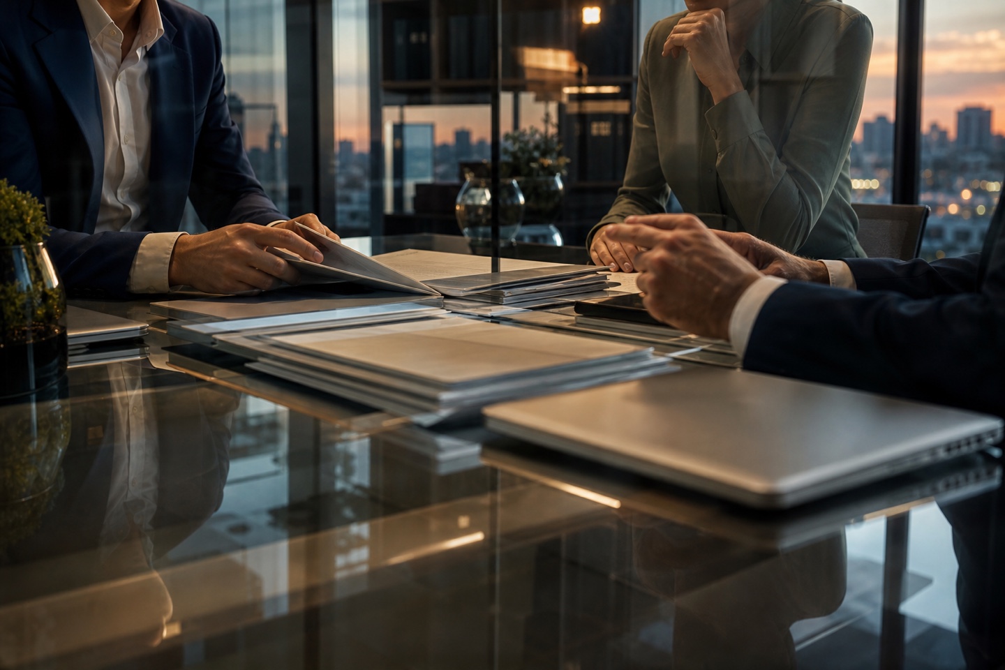 Mesa de governança empresarial com documentos e reflexos em vidro