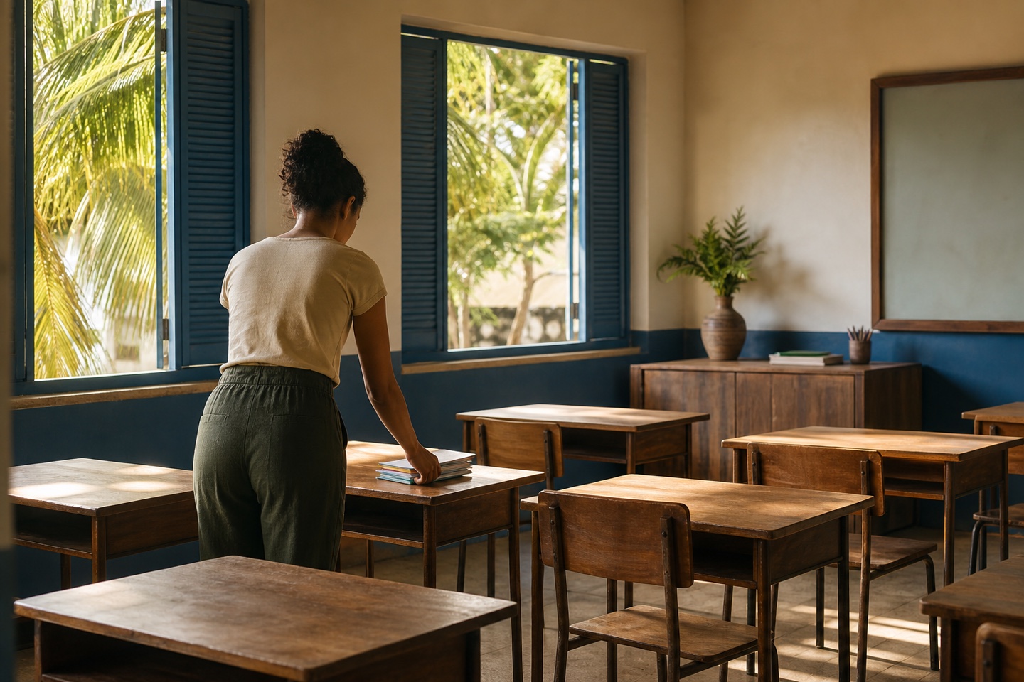 Sala de escola pública contemporânea preparada para o início das aulas