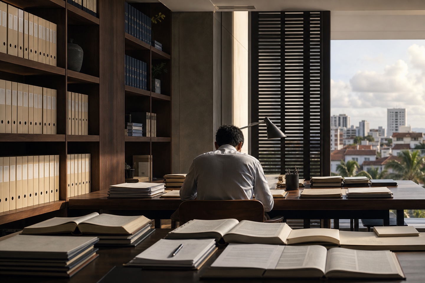 Biblioteca contemporânea preparada para pesquisa jurídica com horizonte urbano