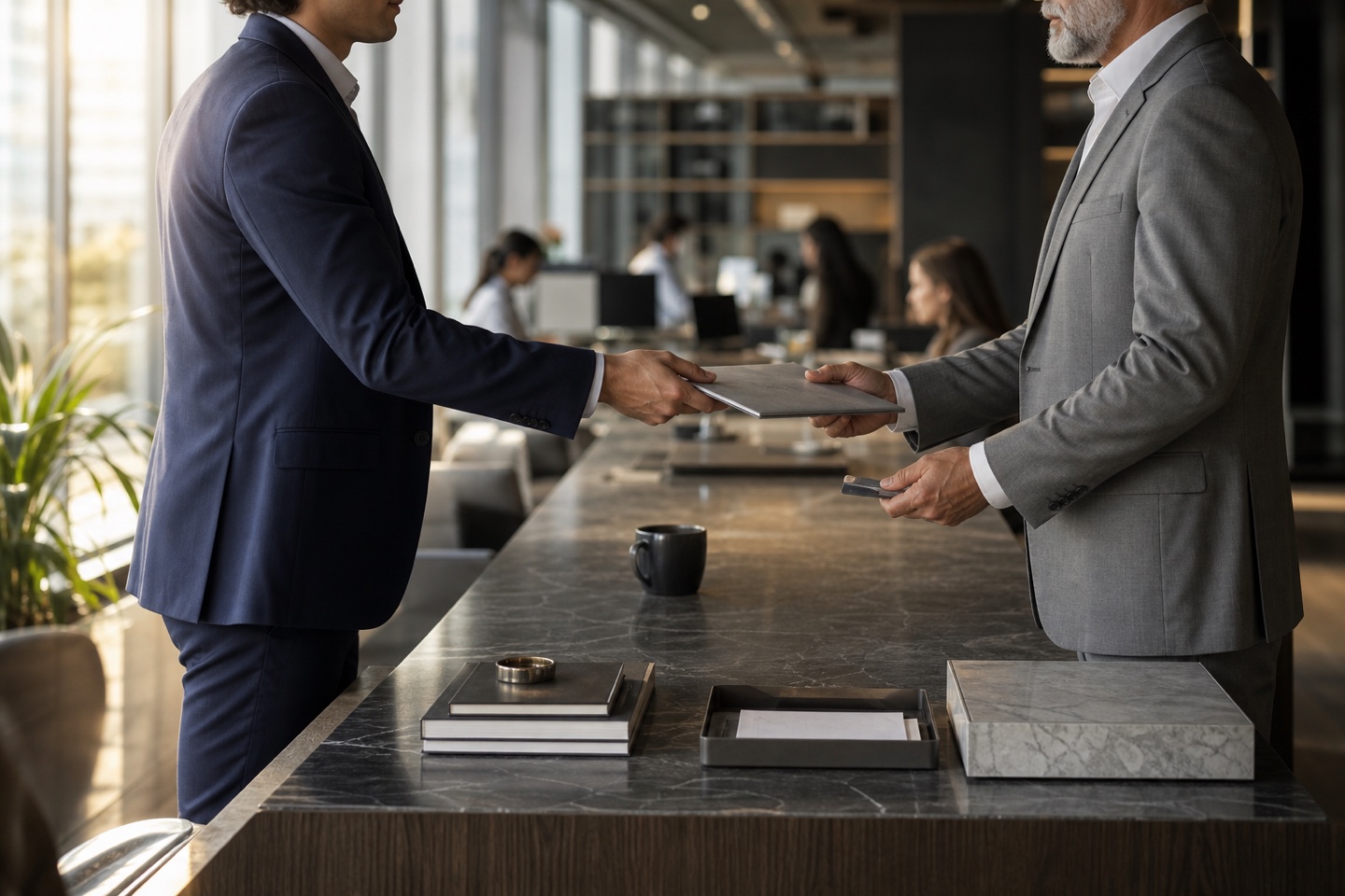 Dois gestores em transição de uma empresa contemporânea durante o expediente