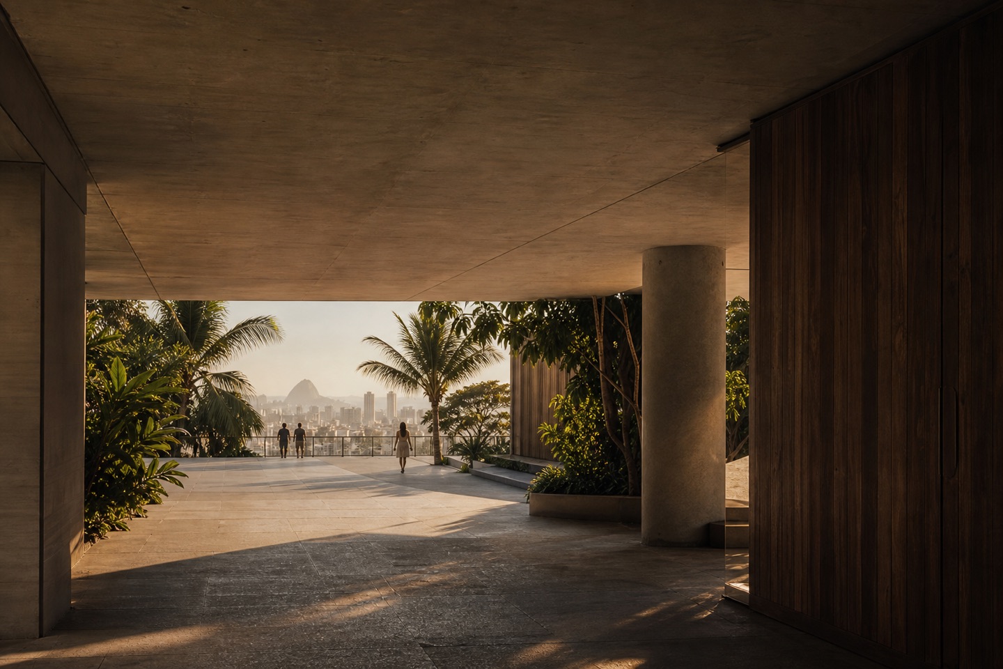 Passagem de arquitetura tropical contemporânea entre concreto, madeira e vegetação