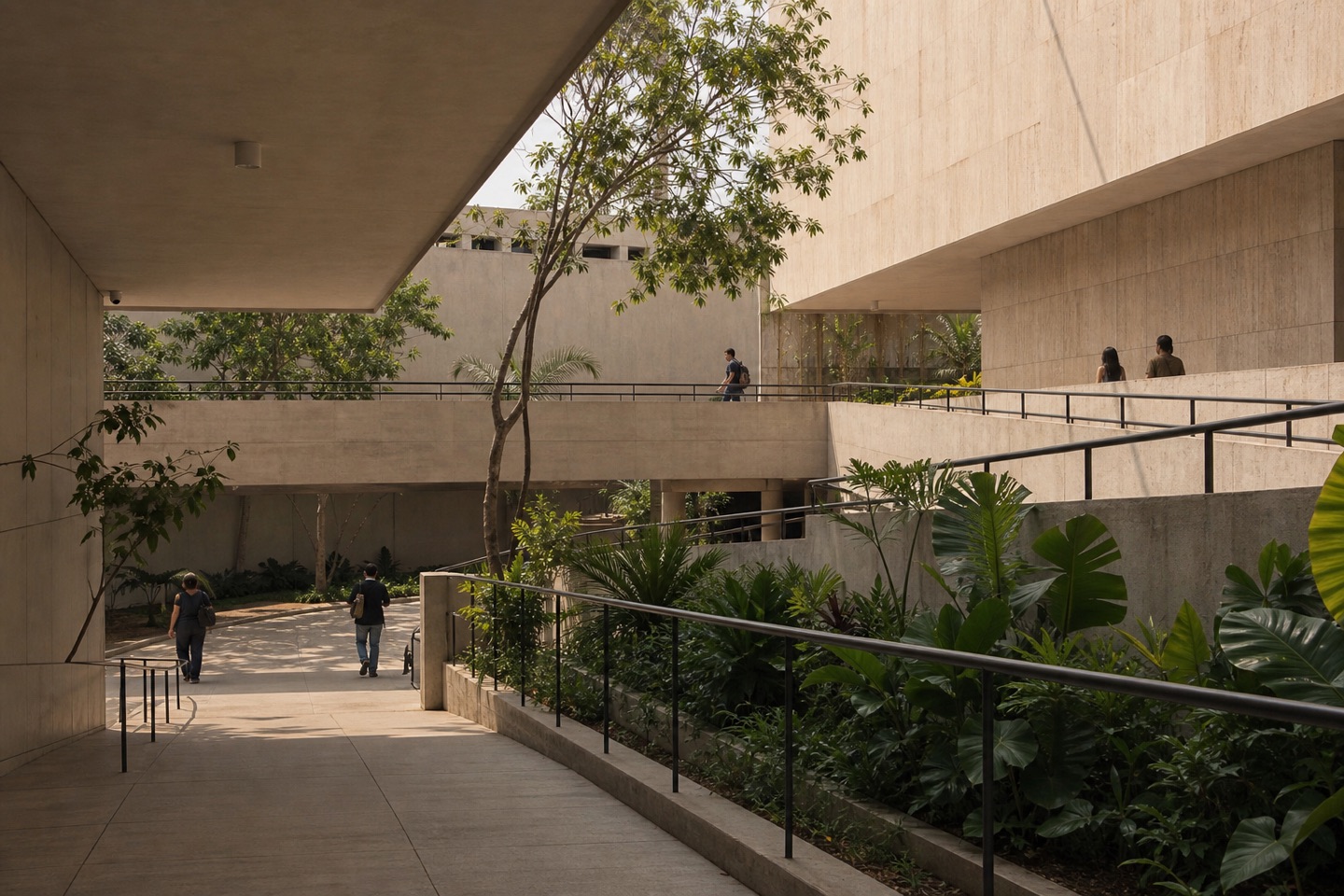 Edifício público contemporâneo com rampas, pátios e vegetação tropical
