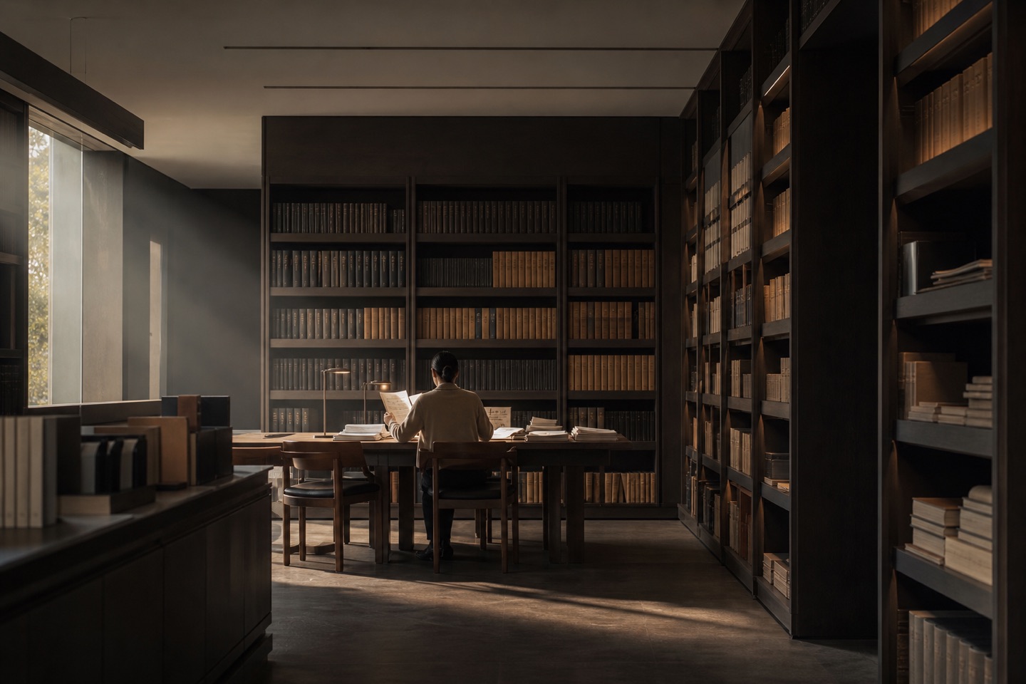Pessoa pesquisa documentos em uma biblioteca contemporânea de madeira escura