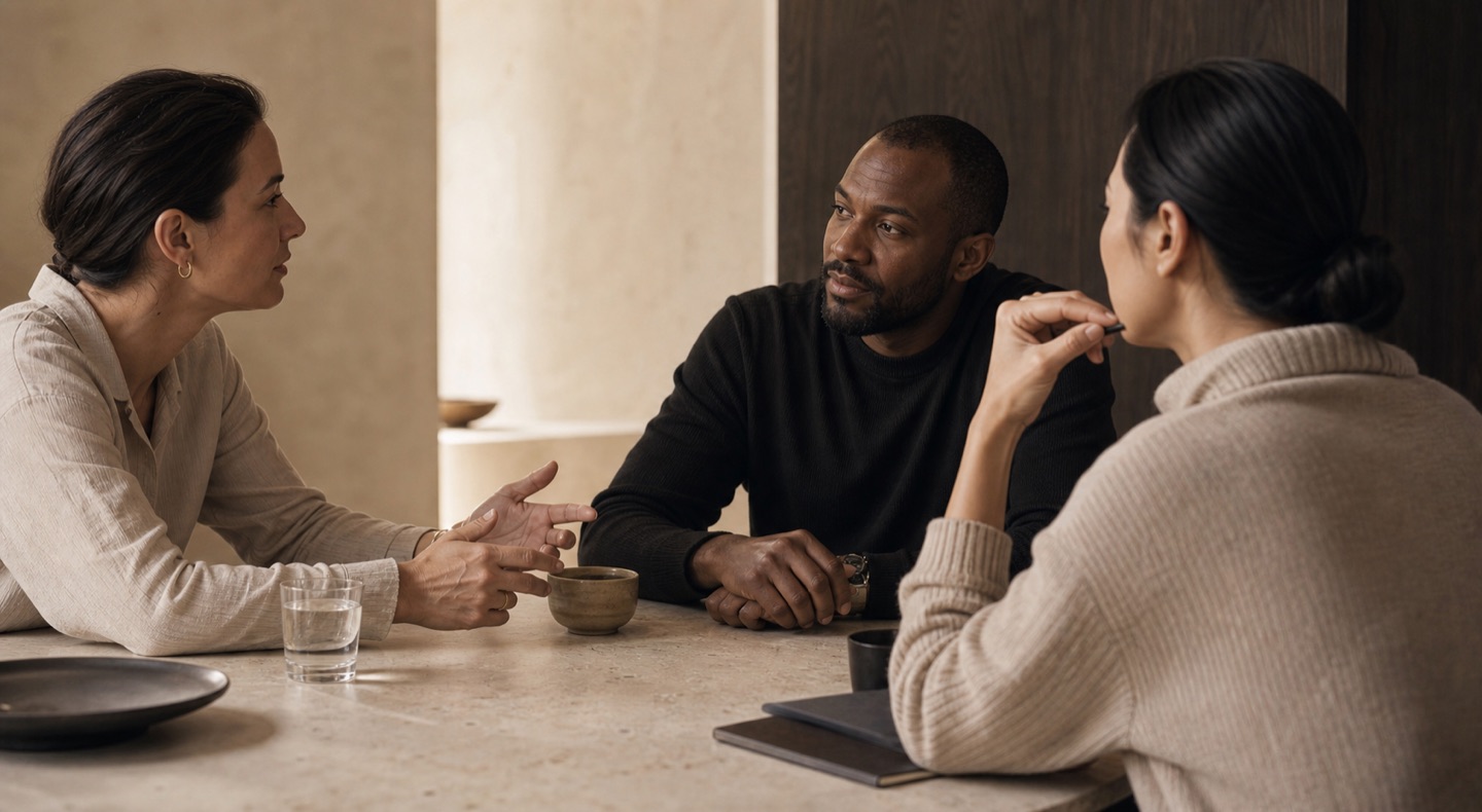 Três pessoas conversam com atenção ao redor de uma mesa clara