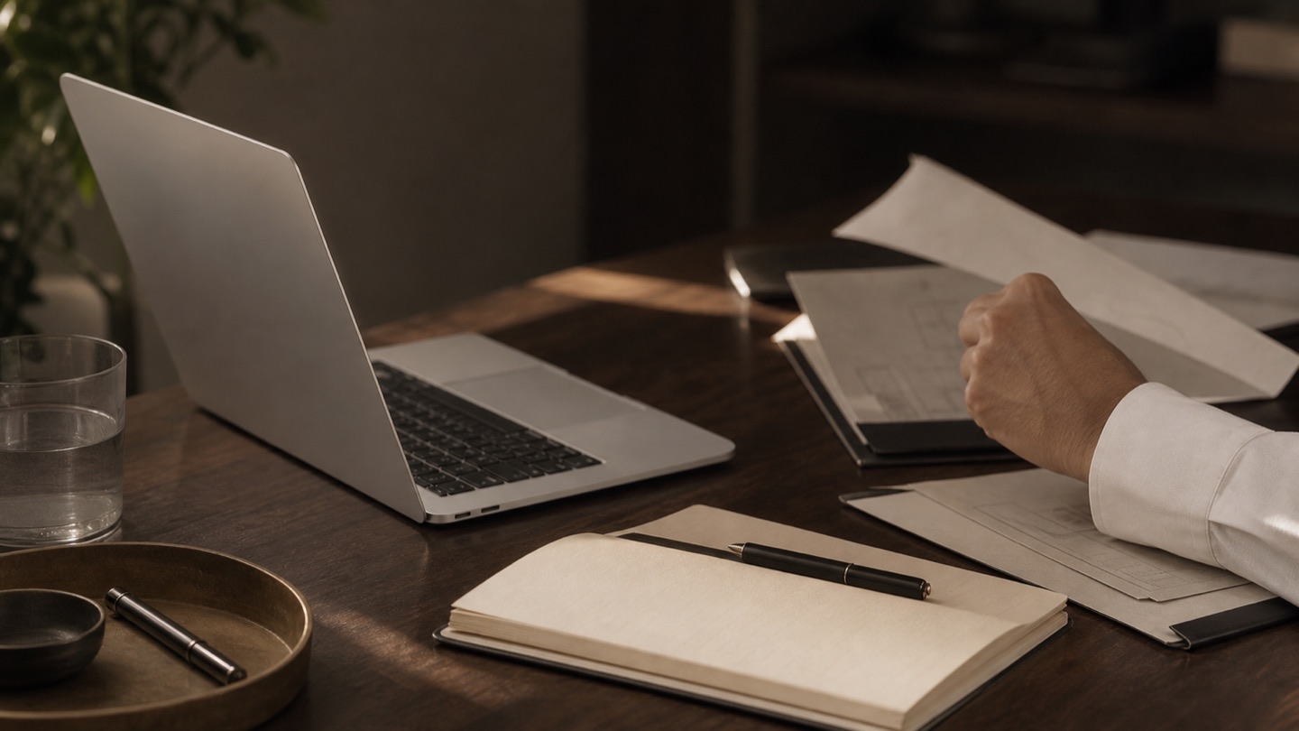 MacBook prata, documentos e caderno sobre mesa de trabalho em luz natural