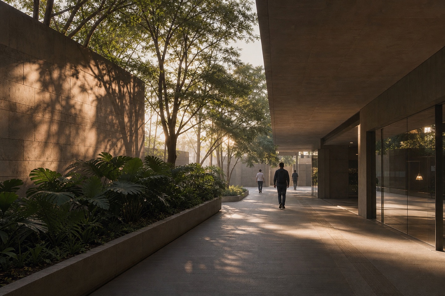 Pessoas percorrem uma passagem de arquitetura contemporânea entre concreto e vegetação tropical