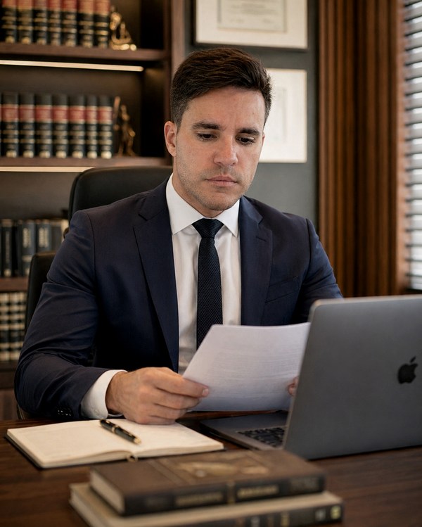 Caio Nóbrega Aires Campêlo lendo um documento em seu escritório